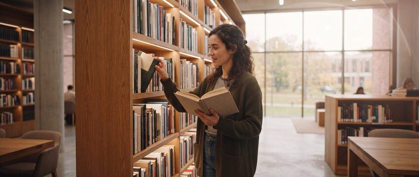 Woman reading book in modern library, surrounded by warm wooden bookshelves with soft lighting and cozy study spaces, perfect for education, literacy, research, and academic concepts
