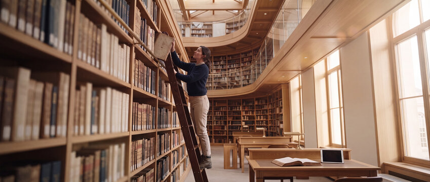 Library ladder climbed by woman searching books in a grand wooden multi-story archive with warm natural lighting, perfect for education, historical research, and literature concepts