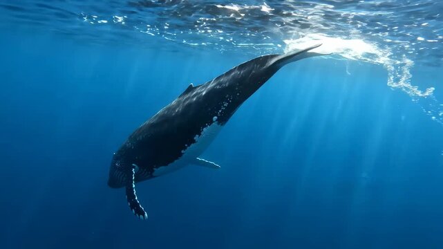 Majestic Humpback Whale Swimming Underwater with Sunlight Rays Piercing the Blue Ocean Surface, Ideal for Nature Documentaries and Marine Life Education.