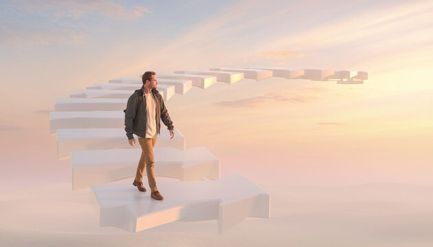 A determined man walks on floating arrow steps toward success against a bright sunset sky. Conceptual illustration representing career growth, leadership, and personal progress.