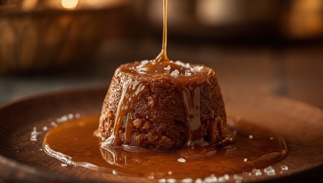 Caramel sauce on sticky toffee pudding, focused view.