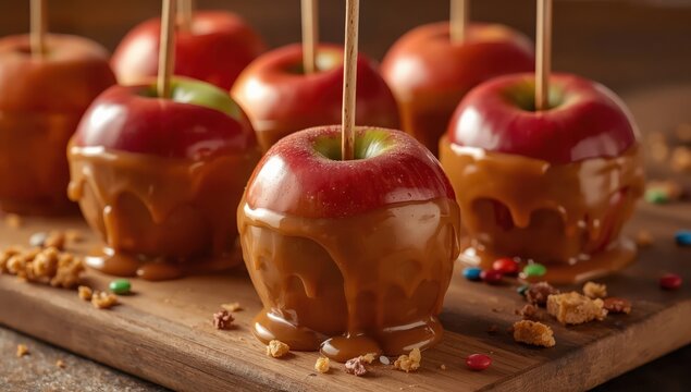 Caramel-coated apples on a cutting board.