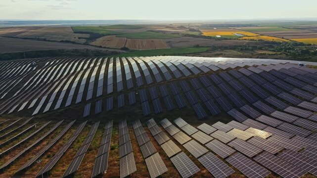 A vast area is filled with solar panels arranged in neat rows. Green fields and patches of yellow crops are visible in the background. The sun is low in the sky, creating a warm light.