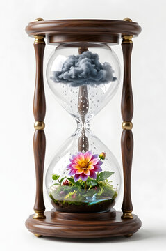 Conceptual 3D illustration of a wooden hourglass with a dark raincloud watering a blooming pink flower inside representing growth and time