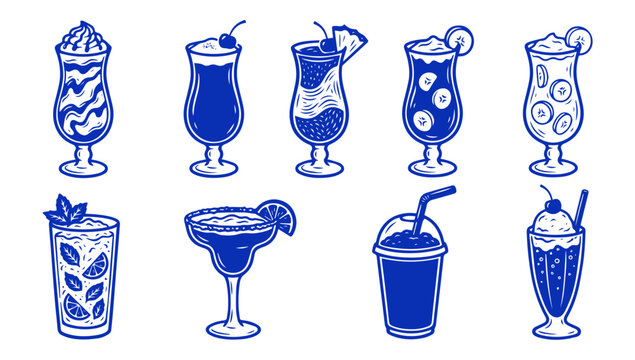 Set of various tropical cocktails and milkshake illustrations in rustic woodcut block print style