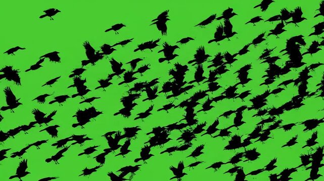 Flock of Crows Taking Flight: Black Bird Silhouettes on Green Screen Background Ideal for VFX Compositing and Spooky Video Projects.