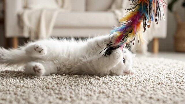 Playful White Kitten Stalking a Colorful Feather Toy on a Soft Carpet, Perfect for Pet Lifestyle and Animal Care Content.