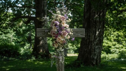 Fototapeta premium Cemetery cross adorned with flowers in Quebec.