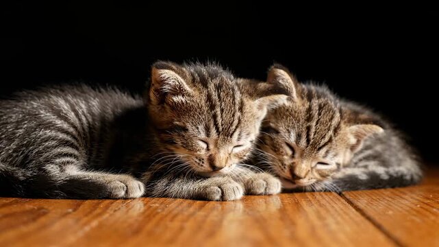 Adorable Sleeping Kittens: Two Tabby Kittens Napping Together on a Wooden Surface Against a Black Background, Ideal for Pet Care Content.