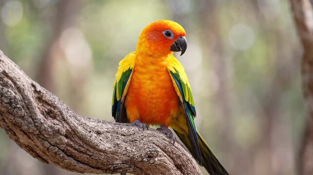 Vibrant Sun Conure Parrot Perched on a Textured Tree Branch Preening its Bright Orange and Yellow Feathers in a Sunny Forest, Ideal for Nature Documentaries and Wildlife Education.
