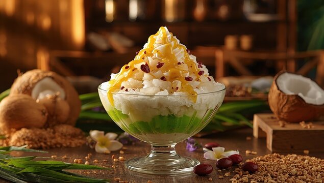 Cendol, a Malaysian dessert, consists of crushed ice and red beans.