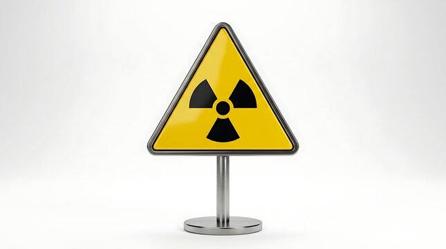 Radiation symbol on a triangular metal placard serves as a standardized notification for restricted zones requiring strict safety protocols.