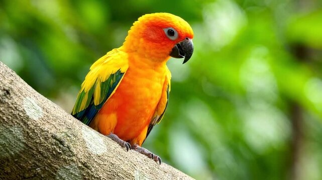 Vibrant Sun Conure Parrot Perched on a Tree Branch with Lush Green Bokeh Background, Ideal for Nature Documentaries.