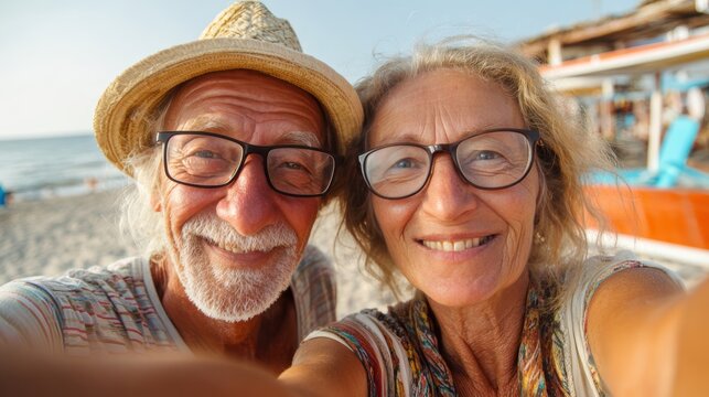 senior couple tourist. Enjoy free time outdoors near the sea on the beach. Looking at the camera while relaxing on a clear day Poses for travel selfies smiling happy tropical