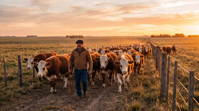 Farmer walking Simmental cattle herd along fence at sunset