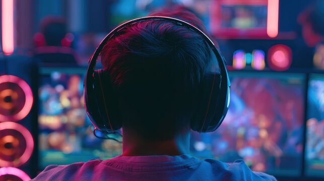 pro gamer man in headphones live streaming while playing online computer game, neon lights, esports,  gaming, monitor, play, young, player, internet, enjoyment, cyber,