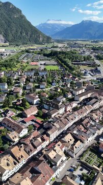 Aerial view of Villeneuve on Lake Geneva in Vaud, Switzerland