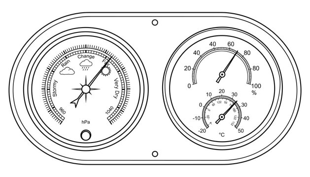 Industrial weather station panel with barometer and hygrometer dials in thin line vector graphics.