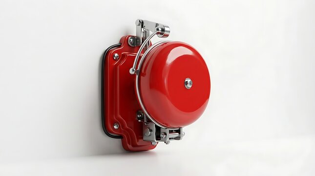 Fire alarm bell is mounted on a white wall to provide a manual alert system for buildings during an emergency evacuation.