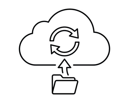 Cloud data sync illustration vector showing folder upload icon and refresh arrows in line style.