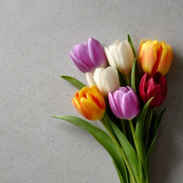 A beautiful bouquet of colorful tulips including shades of purple, yellow, orange, red, and white, arranged on a textured light grey stone surface with copy space for text.