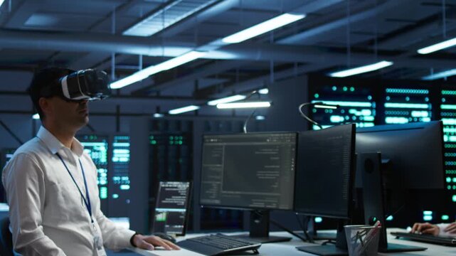 IT expert uses a VR headset for server maintenance in a server hub, supporting network security, data protection and reliable infrastructure management