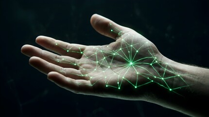 Fototapeta premium Digital network connection glowing on human palm against dark background