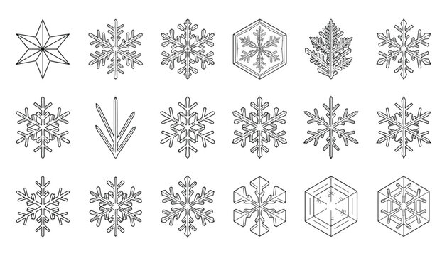Diverse snowflake collection of winter ice crystal shapes in simple linear style vector illustration.