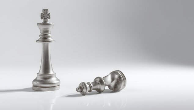 Chess queen beside toppled piece on light backdrop. Contest idea.