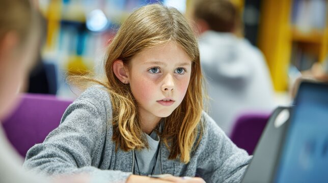 Library homework club medium shot showing a semisupervised study session primary student in sharp focus using a laptop light guidance evident in soft background.