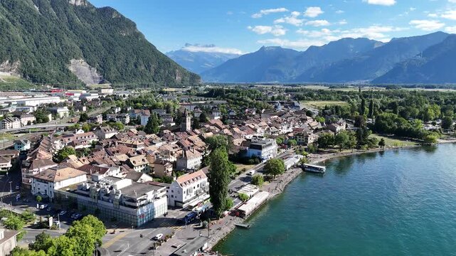 Aerial view of Villeneuve on Lake Geneva in Vaud, Switzerland