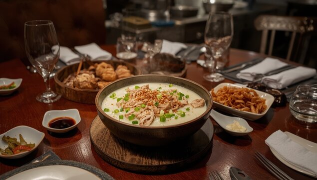 Chicken congee on the table.