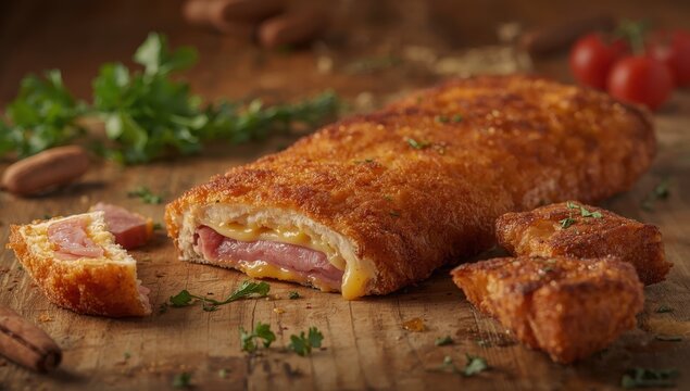 Chicken cordon bleu cutlet with ham and cheese, fresh appetizer on a rustic table.