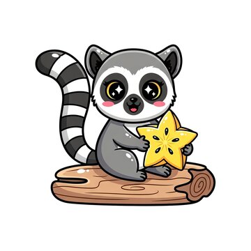Cute Ring Tailed Lemur Holding Star Fruit Cartoon.
