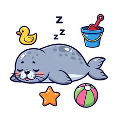 Fototapeta premium Cute Sleeping Seal Cartoon with Beach Toys.