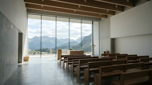 Modern minimalist church interior with wooden pews and mountain view
