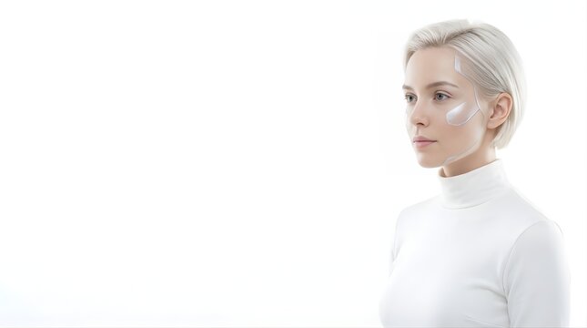 Portrait of a woman with futuristic silver makeup against white background