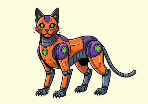 Futuristic robotic cat with orange armor