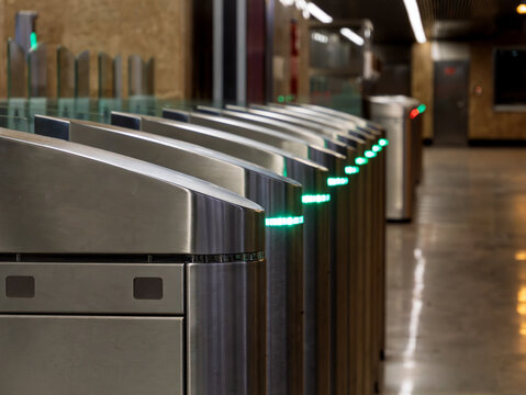 Moscow Metro Exit with Modern Turnstiles and Lighting