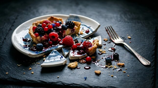 Shattered ceramic plate with fresh berry tart and fork on dark slate background.
