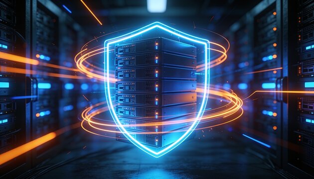 Futuristic Security Barrier Shaped as Luminous Shield Surrounding Servers, Cyber Security Protection Concept, Digital Firewall Defense, Advanced Data Center Technology Room with No Text