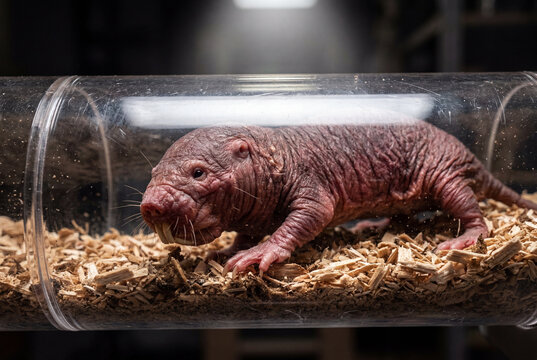Naked mole rat crawling over wood shavings inside a clear plastic tube in a laboratory