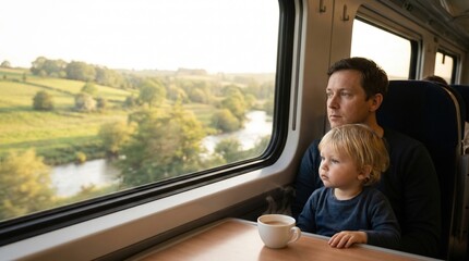 Fototapeta premium A man and his young son look out a train window at a rural landscape. This captures the quiet wonder of slow travel and family bonding. Perfect for travel blogs or family lifestyle content.