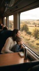 Fototapeta premium A mother and son look out a train window at the countryside. The scene captures the wonder of travel and slow living. Ideal for family vacation content or transportation promotions.