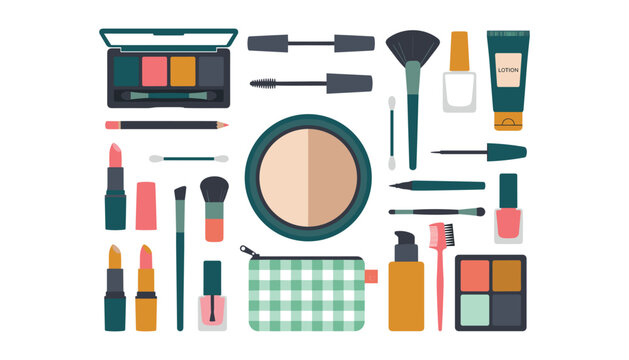 Cosmetics and makeup beauty product accessories collection set with eyeshadow palette lipstick brushes and mascara flat vector illustration