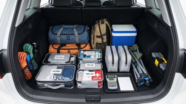 Car trunk filled with organized bags, first aid kits, and camping gear. Represents the spirit of adventure and preparation for a journey. Ideal for travel planning and lifestyle content.