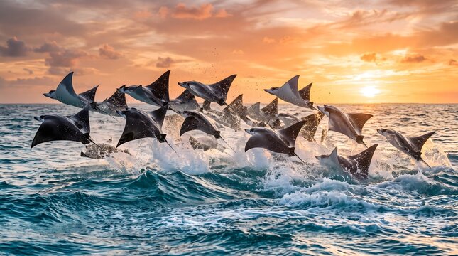 Mobula rays leaping above ocean waves. School of flying rays jumping at sunset.