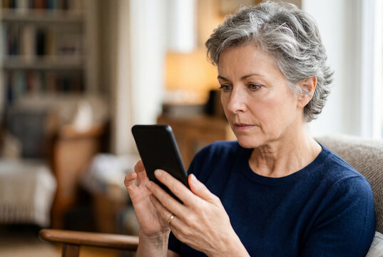 Mature woman sitting on a couch using a black smartphone