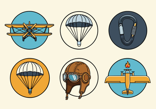 Set of vintage aviation and skydiving icons