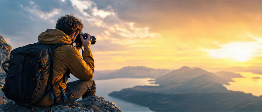 Man photographer taking picture of sunset in mountains with camera. Traveler with backpack sitting on cliff edge observing valley. Banner with copy space